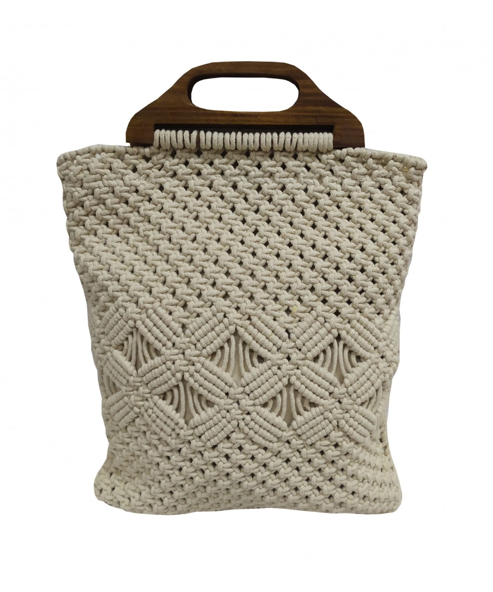 Τσάντα Macrame ΚΟΜΒΟΣ 100%  Βαμβάκι Natural with Wooden handle 40x35