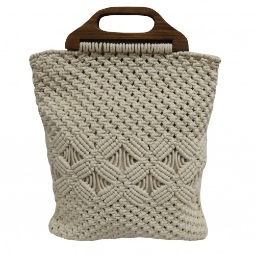 Τσάντα Macrame ΚΟΜΒΟΣ 100%  Βαμβάκι Natural with Wooden handle 40x35