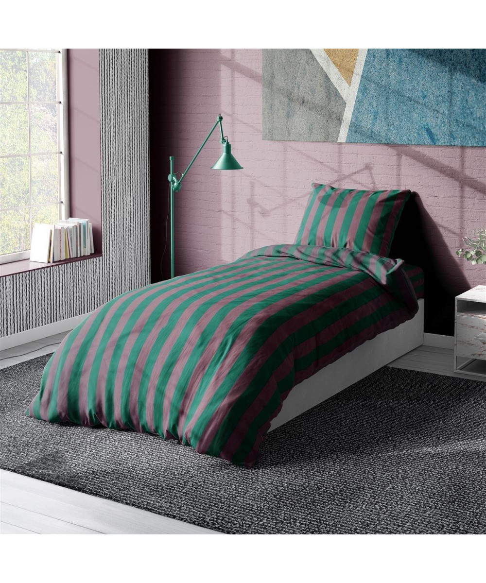 COTTON SATIN SHEETS SET 2 pcs. Stripes 156 Green-Antique Pink 160X240 Cotton 100%