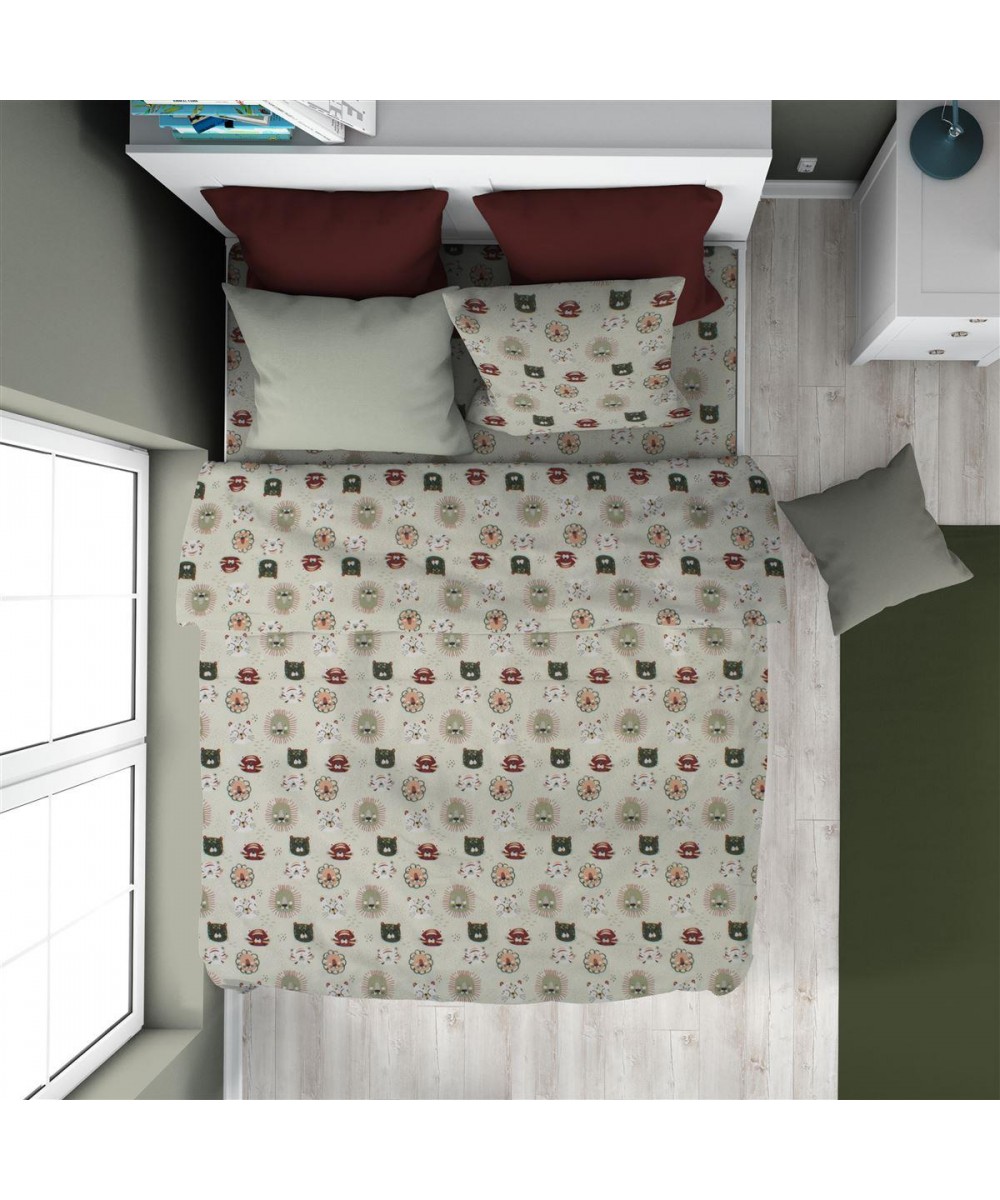 DUVET COVER Kids Big Cats 27 160X240 Light Olive 100% Cotton Flannel