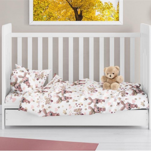 ΠΑΠΛΩΜΑΤΟΘΗΚΗ ΕΜΠΡΙΜΕ bebe Bunnies 30 120X160 White-Coral 100%  Cotton Flannel