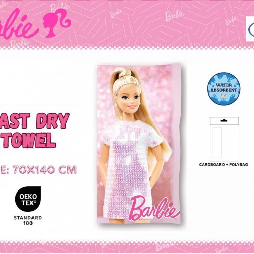 Beach Towel Quick Dry Mattel Barbie 85 70X140 Digital Print Pink 100% Microfiber