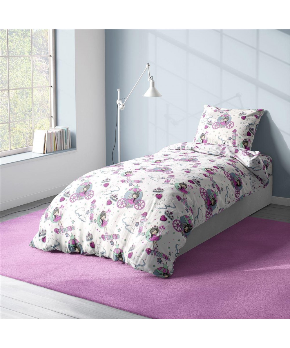 Παπλωματοθήκη Εμπριμέ kids Princess 389 160X240 White-Lila 70/30 Cott/Pol