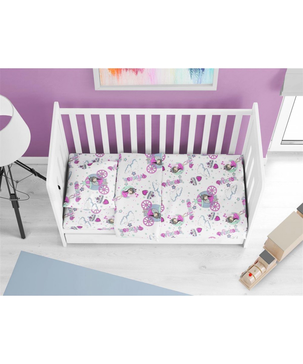 Σεντόνια Εμπριμέ Σετ 3 τεμ bebe Princess 389 120X160 White-Lila 70/30 Cott/Pol