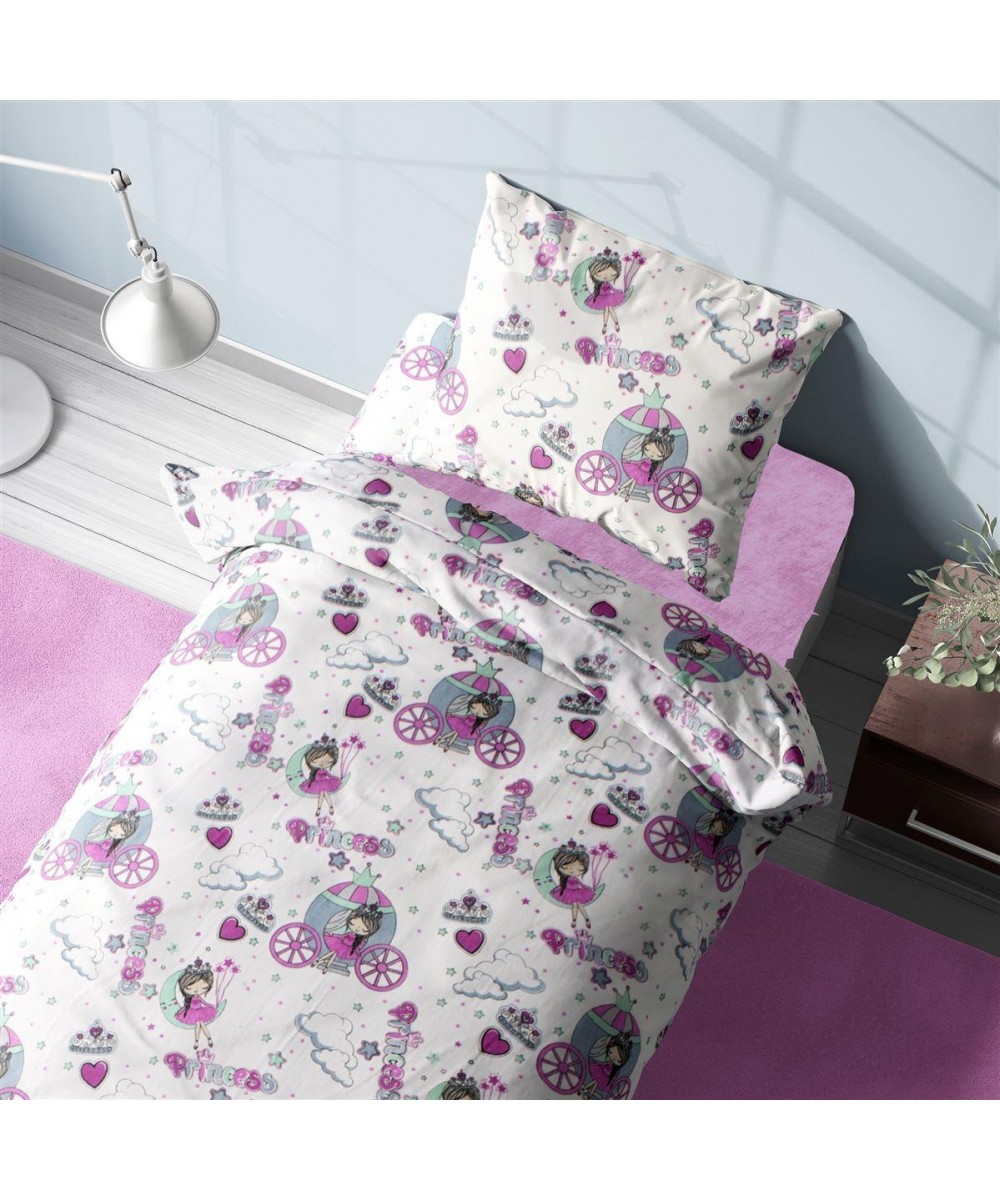 Σεντόνια Εμπριμέ Σετ 3 τεμ kids Princess 389 160X240 White-Lila 70/30 Cott/Pol