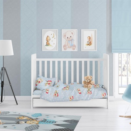 BED SHEETS SET 3 pcs bebe Two Lovely Bears 64 120X160 Blue Cotton 100% 