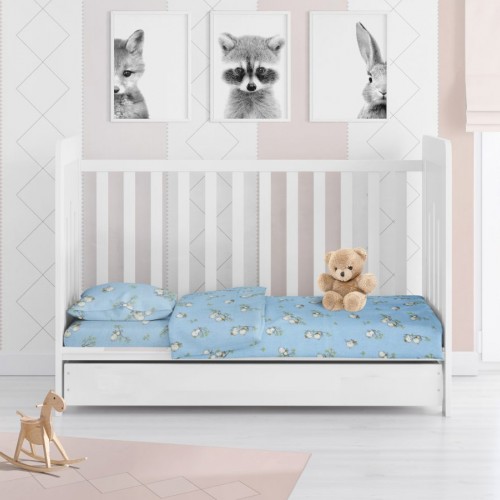 PRINTED SHEETS SET 3 pcs bebe Birds 14 120X160 Sky blue Flannel cotton 100% 