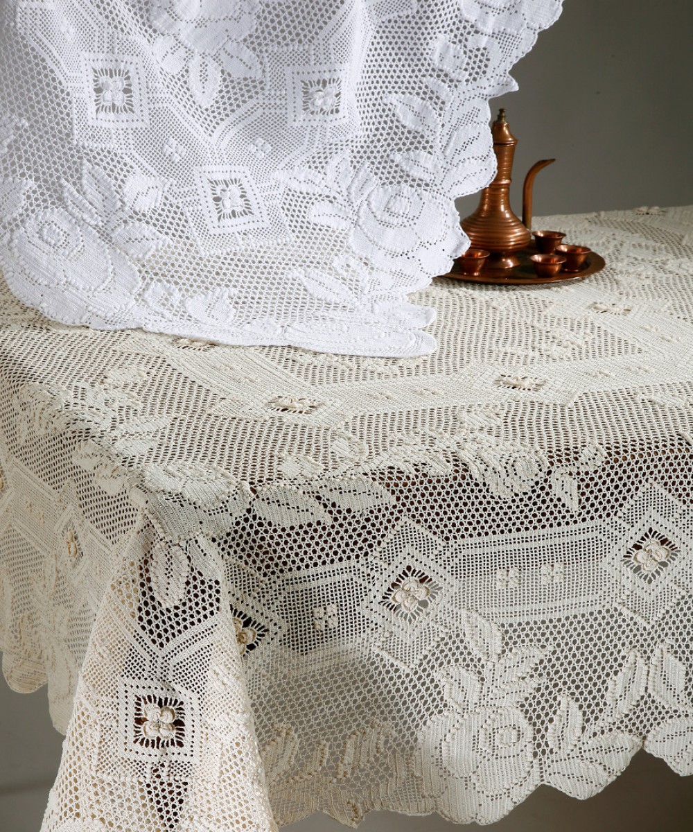 Handmade knitted mercerized tablecloth 73C (180cm x 270cm) ecru