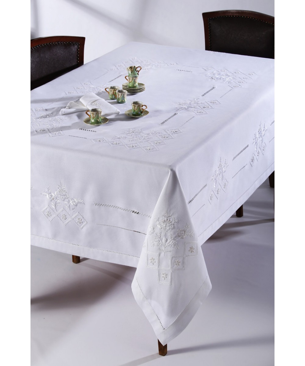 Handmade tablecloth 373 (170cm x 220cm) White