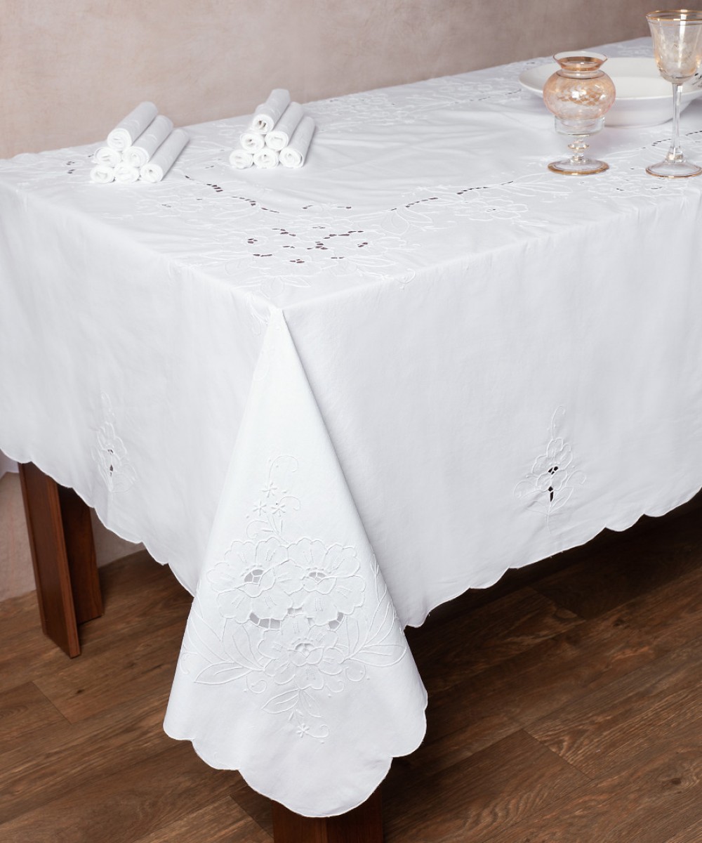 Handmade short tablecloth 432 (180cm x 260cm) white